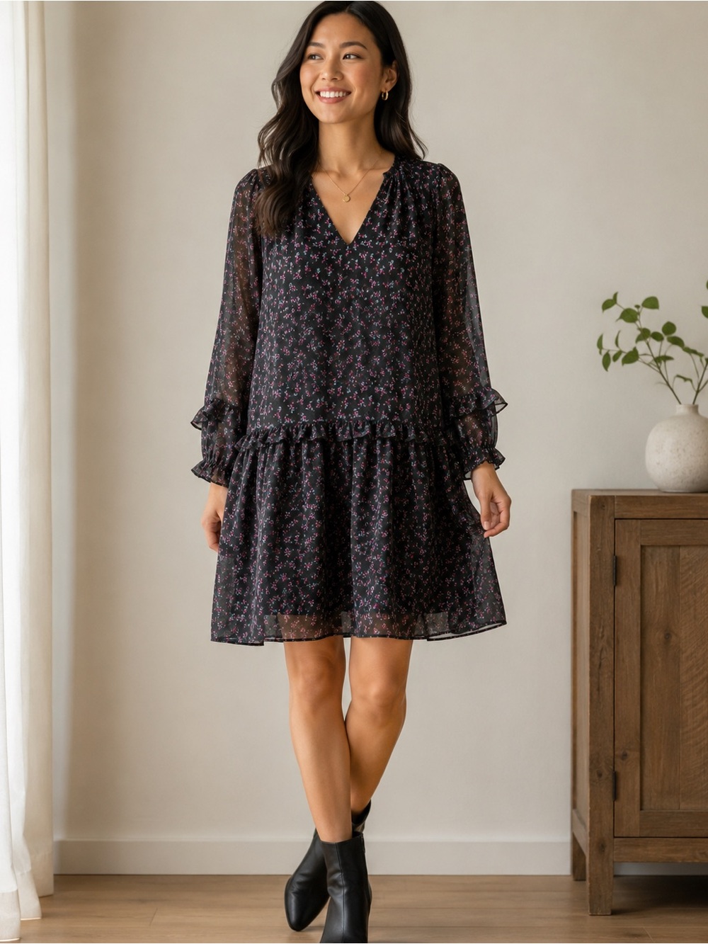 ZARA Basic Black Floral Ruffle Chiffon Dress w/ Slip Size S